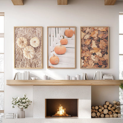 Cozy Fall Wall Art Set of 3. Pumpkins and Autumn Leaves