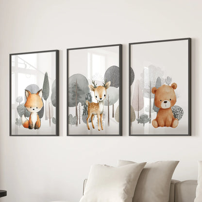 Forest Animal Nursery Decor. Cute Fox Fawn Bear Print Set