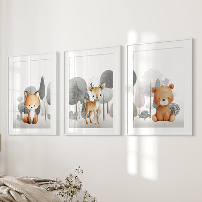 Forest Animal Nursery Decor. Cute Fox Fawn Bear Print Set