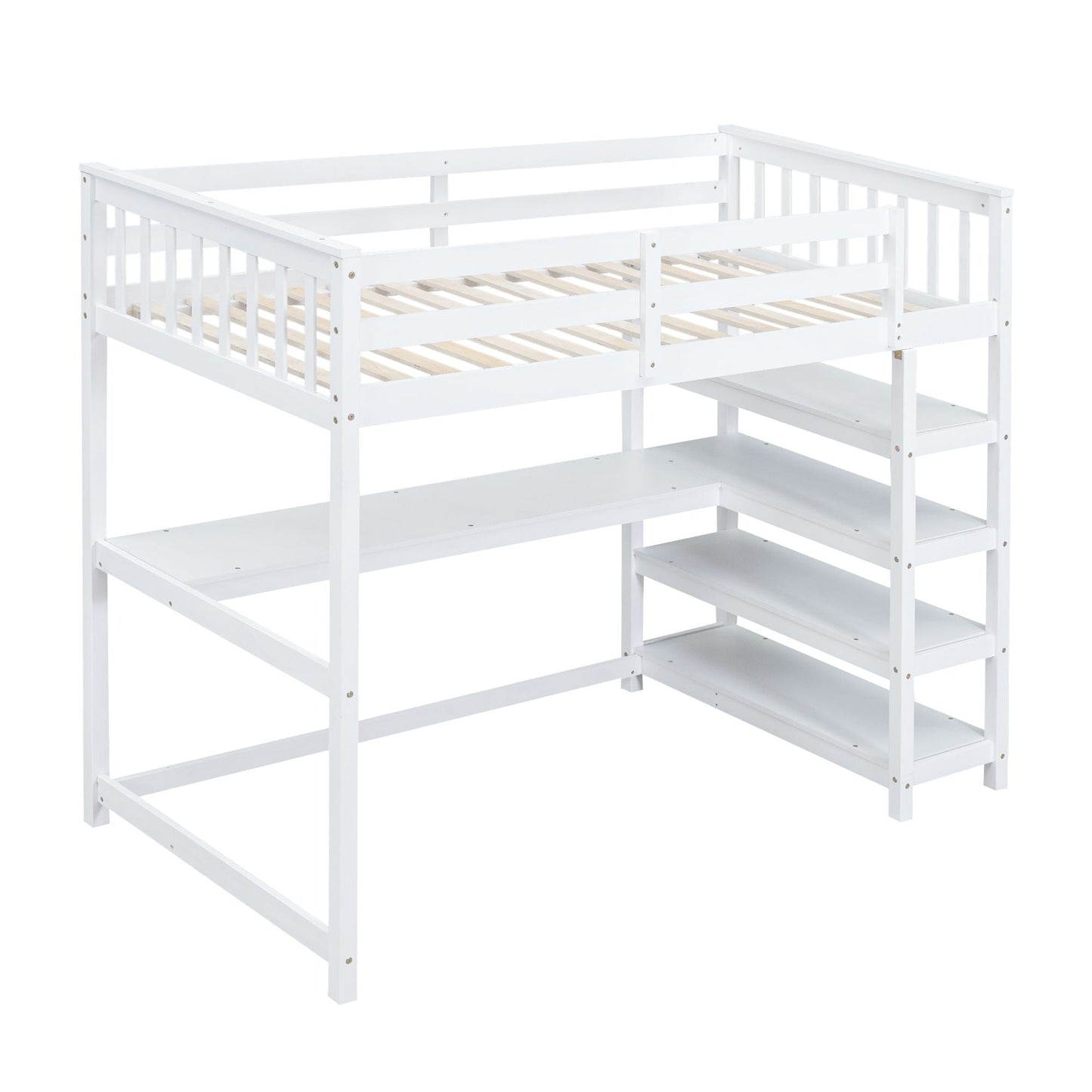 Loft Bed With Storage Shelves And Under Bed Desk
