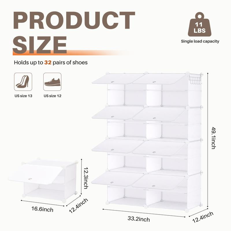 【NEW YEAR Deal】6/8-Tier Shoe Cabinet, 24/32-Tier Capacity, with Side Hooks, Sturdy Metal Frame, and Black and White Plastic Panel Shelves. Suitable for Entryways, Living Rooms, and Walk-In Closets