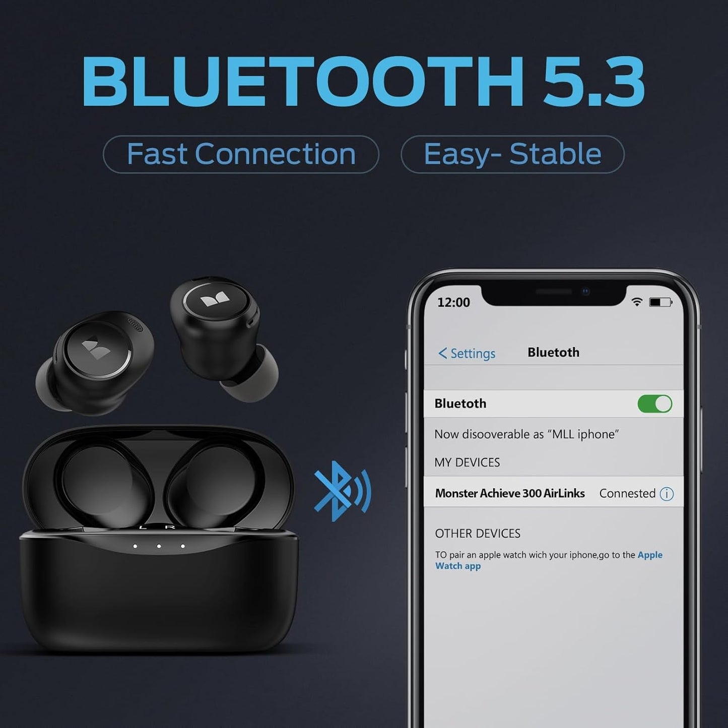 Monster Wireless Earbuds,5.3 In-Ear Headphones Bluetooth Headphones Touch Control with Charging Case, Bluetooth Earbuds,32H Play Black