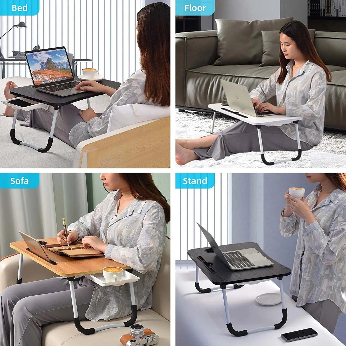 PHANCIR Escritorio Plegable Para Regazo, Mesa Portátil De Madera Para Laptop De 23.6 Pulgadas, Organizador De Oficina Para Espacio De Trabajo, Bandeja Para Cama Y Sofá Con Ranuras/Portavasos/Cajón, Antideslizante Para Leer Escribir Comer Ver, Nogal