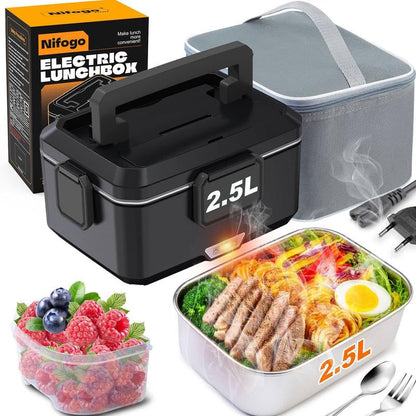 Electric Lunch Box 80W 1.5L Stainless Steel Bento Warmer with Indicator Light & Portable Tableware Set for Home Office Travel Food Quick Storage Fork 80W/1.5L/Black