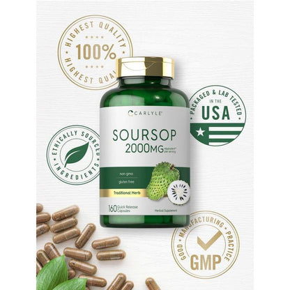 Carlyle Soursop Leaves | 2000Mg | 160 Capsules | Traditional Herb | Non GMO, Gluten Free Supplement