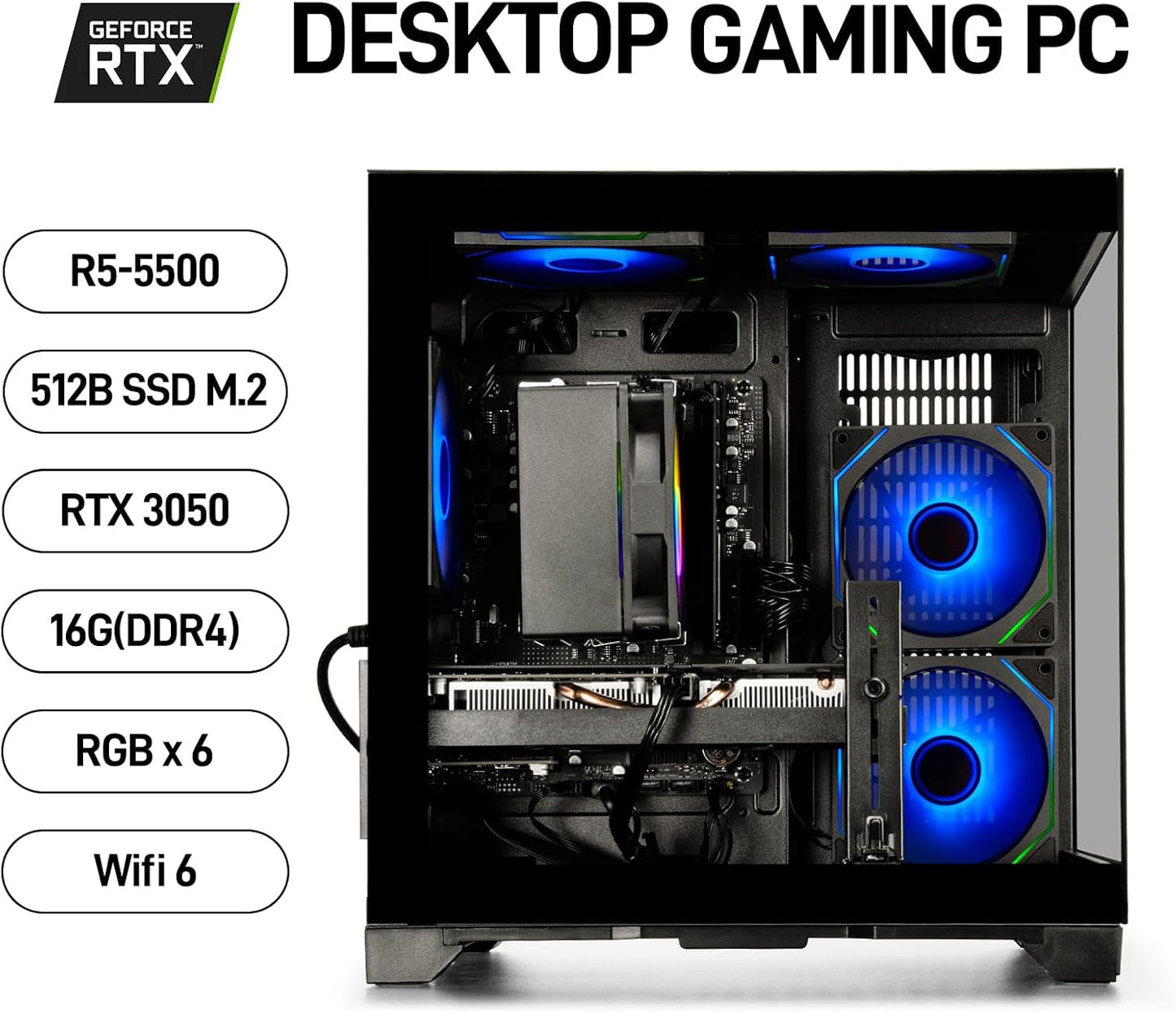 Gaming PC Ryzen 5 5500, Geforce RTX 3050 8GB, 16GB DDR4 3200Mhz RAM, 512GB SSD, Prebuilt Desktop Computer for Gaming & Productivity