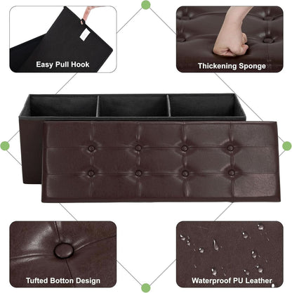 Forty Three Inches Folding Storage Ottoman Bench Brown Leather