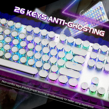 Typewriter Style Mechanical Gaming Keyboard RGB Backlit Wired with Blue Retro round Keycap 104 Keyboard (White 104 RGB)