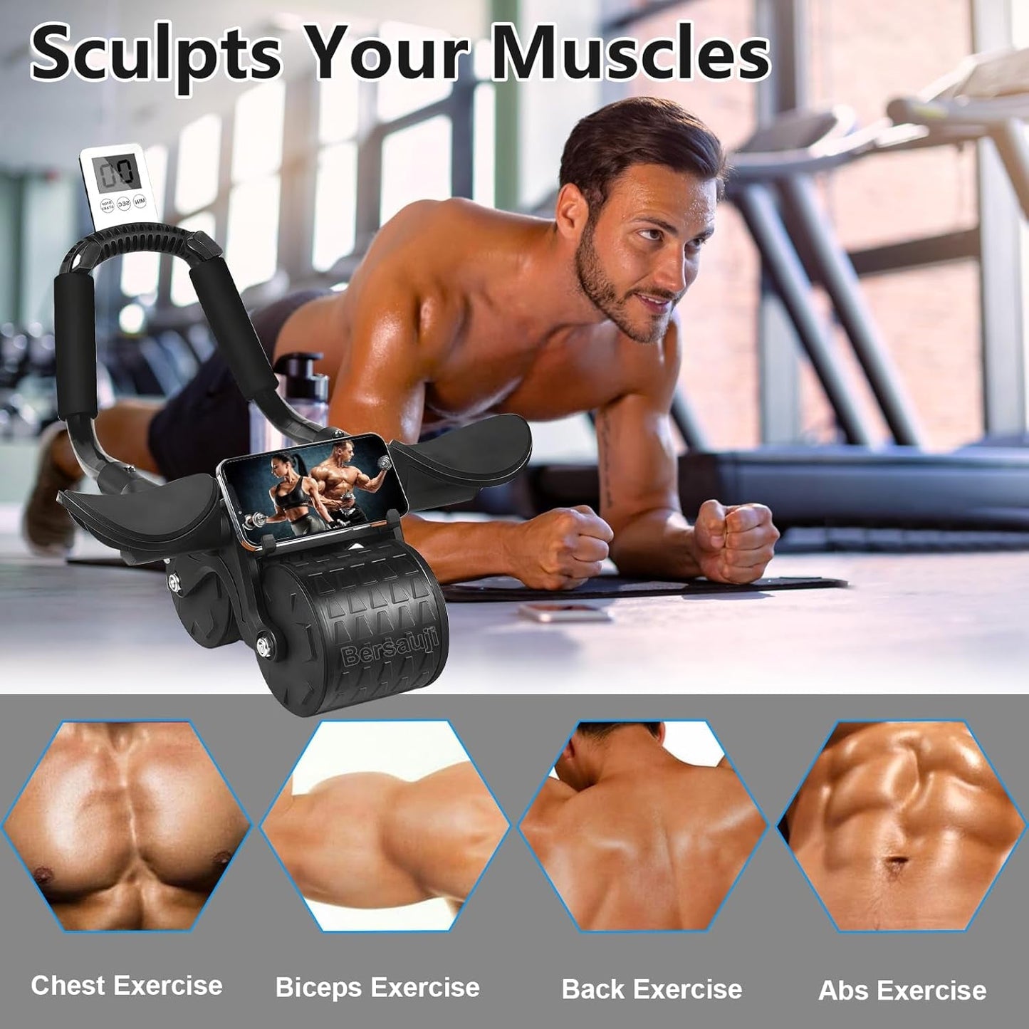 2025 New Ab Roller Wheel with Knee Mat &Timer, Automatic Rebound Abdominal Wheel, Ab Abdominal Exercise Roller with Elbow Support, Abs Workout Equipment Ab Exercise Roller for Women Men