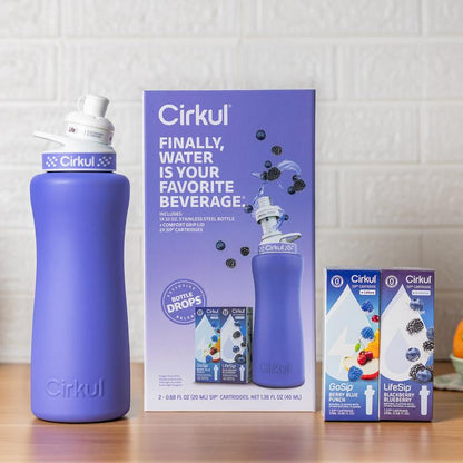 Cirkul 32Oz. Periwinkle Stainless Steel Water Bottle Starter Kit with Blue Lid, 2 Flavor Cartridges (1 Lifesip Blackberry Blueberry and 1 Gosip Berry Blue Punch), Zero Calories and No Sugar