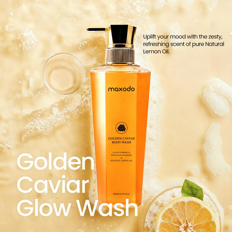 Maxodo Golden Caviar Glow Wash 500Ml - Niacinamide Enriched Luxury Body Cleanser for Radiant Skin Brightening & Mite Removal with Lemon Fragrance