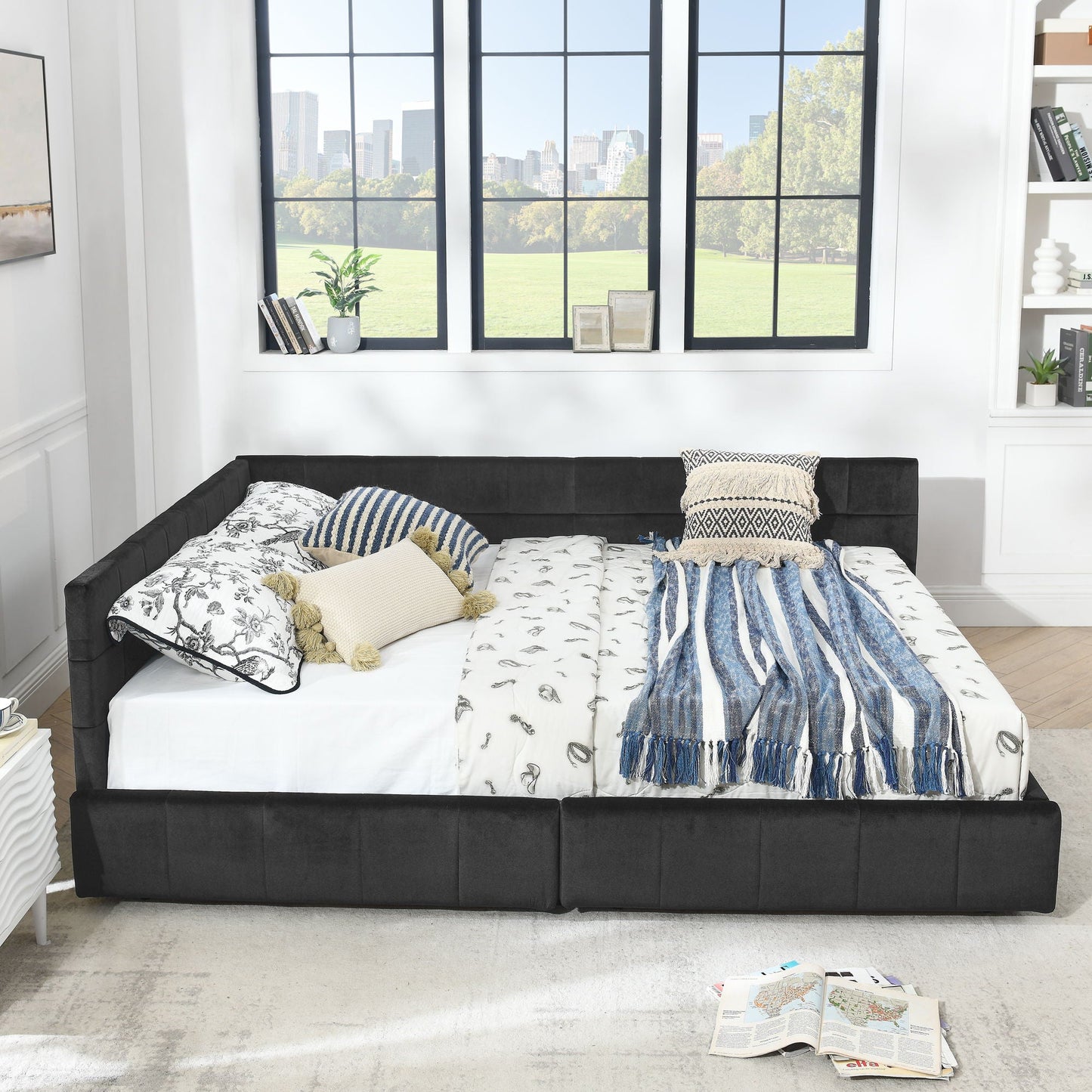 Mid-Century Storage Upholstered Tufted Bed Frame With Backrest And Armrests