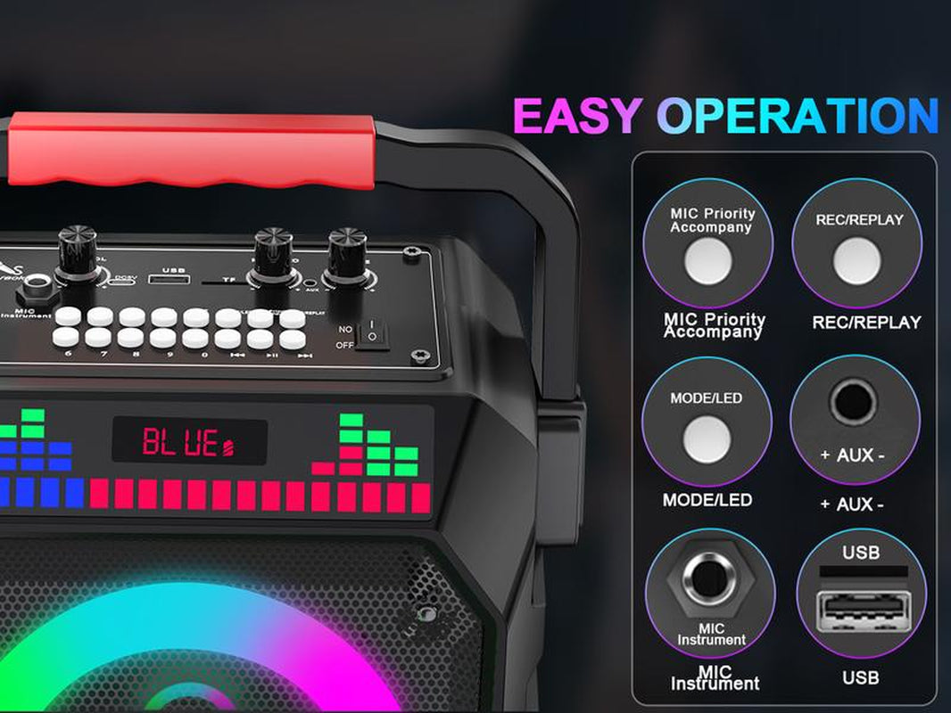 Socodox Karaoke Machine for Adults & Kids Portable Bluetooth 5.2 Speaker with 2 Wireless Microphones RGB Lights AUX USB TF AUX Home PA System for Family Party Outdoor Fun