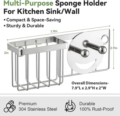 [Space Saving] Sponge Holder for Kitchen Sink, Great for Scrub Daddy / Scrub Mommy Sponges, Rust-Proof Sink Sponge Caddy Organizer for Dish Brush, Scrubber - 2 Mounting Options (Suction Cups & Hooks)
