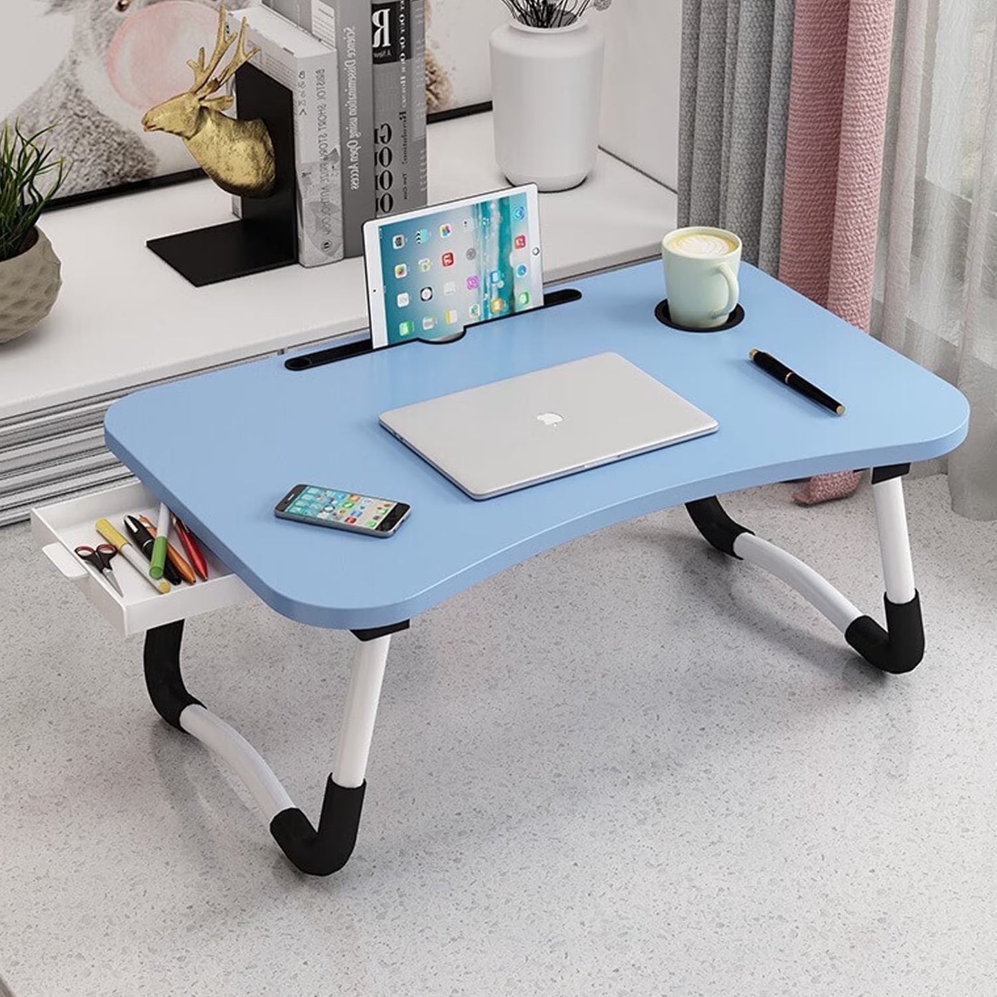 PHANCIR Escritorio Plegable Para Regazo, Mesa Portátil De Madera Para Laptop De 23.6 Pulgadas, Organizador De Oficina Para Espacio De Trabajo, Bandeja Para Cama Y Sofá Con Ranuras/Portavasos/Cajón, Antideslizante Para Leer Escribir Comer Ver, Nogal