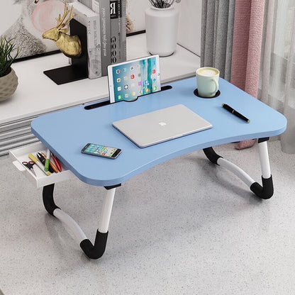 PHANCIR Escritorio Plegable Para Regazo, Mesa Portátil De Madera Para Laptop De 23.6 Pulgadas, Organizador De Oficina Para Espacio De Trabajo, Bandeja Para Cama Y Sofá Con Ranuras/Portavasos/Cajón, Antideslizante Para Leer Escribir Comer Ver, Nogal