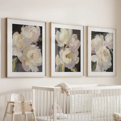 Moody Pink and White Peonies Art. Floral Set of 3 Prints