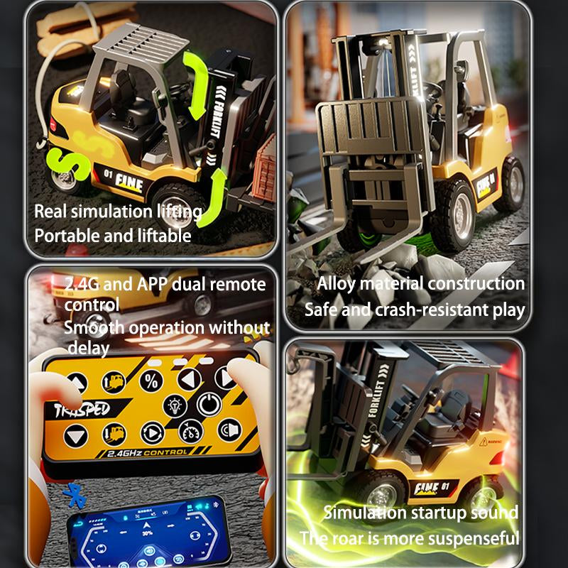 Hotfree 1/64 Mini RC Forklift, Remote Control Excavator, 11 Channel 2 Mode 2.4Ghz Remote Control Alloy Construction Vehicles Set with USB-C Rechargeable, 2 in 1 Transformable Lift Fork & Hook, Birthday Christmas Gift for Kids Adults Boys and Girls