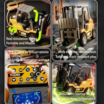 Hotfree 1/64 Mini RC Forklift, Remote Control Excavator, 11 Channel 2 Mode 2.4Ghz Remote Control Alloy Construction Vehicles Set with USB-C Rechargeable, 2 in 1 Transformable Lift Fork & Hook, Birthday Christmas Gift for Kids Adults Boys and Girls