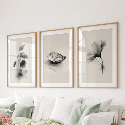 Minimalist Japanese Set of 3 Prints. Black and White Flowers Decor
