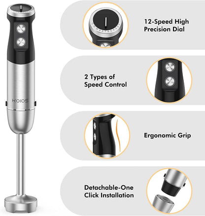 KOIOS 1000W Immersion Hand Blender, Multifunctional 5-in-1 Handheld Blender, 12-Speeds, Stainless Steel blender shaft, includes 600ml Mixing Beaker, 500ml Chopper, Whisk Attachment and Milk Frother