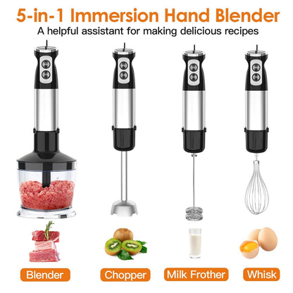 1000W 5 In 1 Immersion Hand Blender Stainless Steel Hand Mixer with 12 Speeds Turbo Mode Food Processor with 20Oz Beaker 17Oz Chopper Whisk Milk Frother