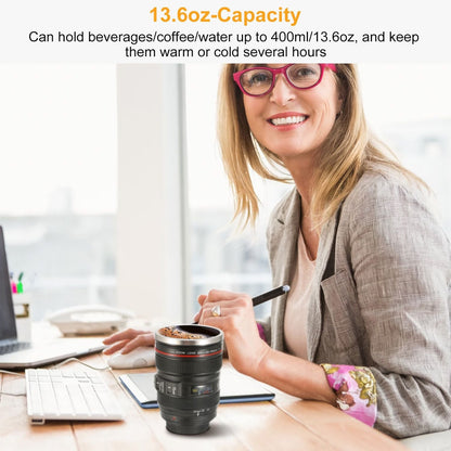 Camera Lens Coffee Mug Cup 13.6oz F ood-G rade Stainless Steel Travel Photography Insulated Mug for All Ages
