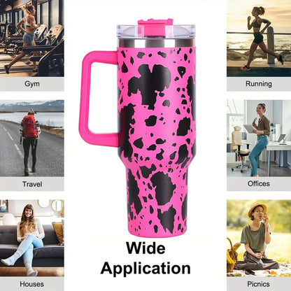 40oz 5D cowprint Insulated Tumbler With Handle And Straw Lid Portable Large Capacity water bottle, Heat preservation,304 Stainless Steel Cup For Outdoor Sports, Travel & Camping Birthday Gift