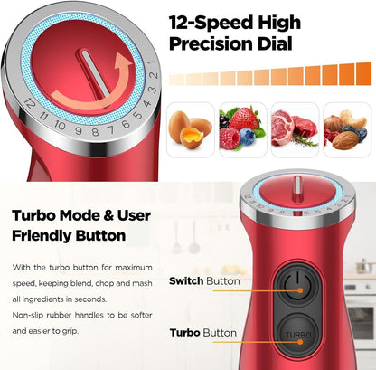 KOIOS 5-in-1 Hand Immersion Blender, 1000W 12 Speed Handheld Blender, Copper Motor Stainless Steel Blade Stick Blender,600ml Mixing Beaker,500ml Food Processor, Whisk, Milk Frother, B PA-F ree, Red