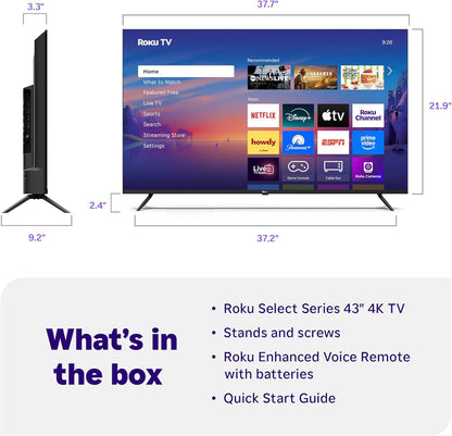 Roku Smart TV 2025 – 43-Inch Select Series, 4K HDR TV – tv with Enhanced Voice Remote – Flat Screen LED Television with Wi-Fi for Streaming Live Local News, Sports, Family Entertainment