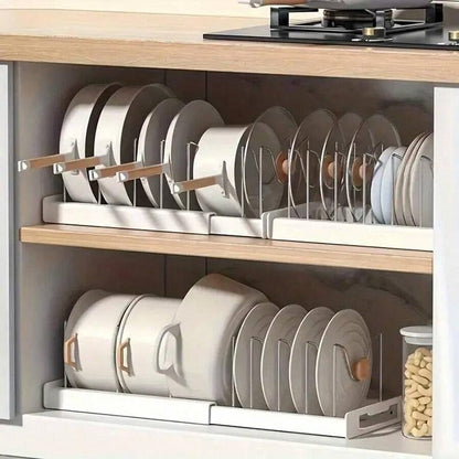 Expandable Pot and Pan Organizer Rack for Cabinet, Pot Lid Organizer Holder with 7 Stainless Steel Adjustable Dividers for Kitchen Cabinet Organizer and Storage