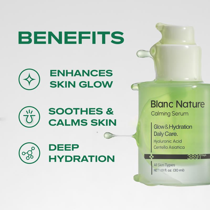 [Blanc Nature Official Shop] Calming Serum for Face, Soothing & Hydrating Facial Serum for Sensitive Skin, Lightweight Daily Care with Hyaluronic Acid, Centella Asiatica & Panthenol, Korean Skincare for Glass Skin, 1.01 Fl Oz