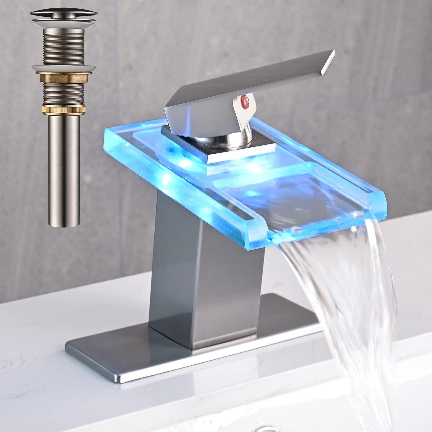 AVSIILE LED Bathroom Sink Faucet, Matte Black Waterfall Single Hole Handle Vanity Faucets for Sinks 1 Hole with Metal Pop up Drain and 2 Water Supply Lines, Open Glass Spout