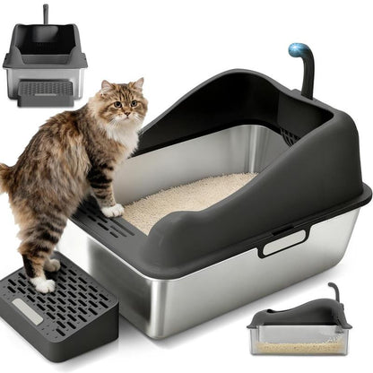 【For Big Cats】Extra Large Stainless Steel Cat Litter Box with Lid XL Enclosed Metal Litter Box for Large Cats, Features High Sidewalls, Removable Cover, Leak-Proof, Non-Stick, Easy to Clean, Beige Color