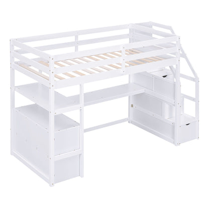 Loft Bed With Desk, Shelves, 2 Drawers, Storage Staircase