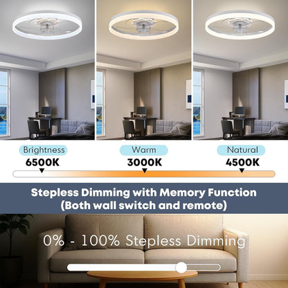 20‘’ Ceiling Fan with Light, Upgraded Low Profile Fan, Flush Mount Ceiling Fan, 6 Speeds, Dimmable LED, App & Remote Control, Quiet DC Motor, for Bedroom, Living Room, F115 White