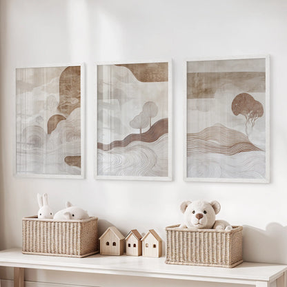 Wabi Sabi Line Art Set of 3 Prints. Earth Tones Landscape