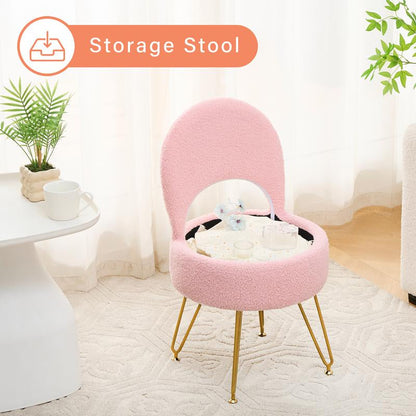 Storage Ottoman Vanity Stool Chair with Folding Back Teddy Velvet Makeup Chair Multifunctional Upholstered Footstool,4 Metal Legs with Anti-Slip Feet for Bedroom Living Room Entryway