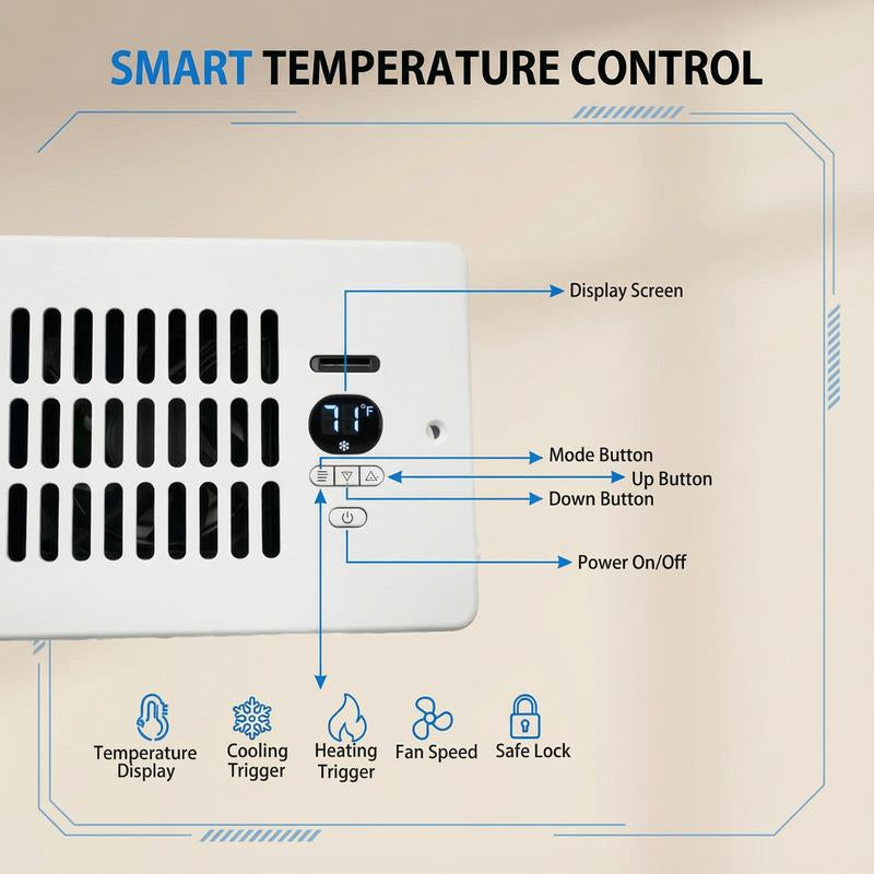 Register Booster Fan for 4"X10" Holes 10-Speed Quiet Ventilation with Thermostat Remote Negative Ion Air Vent Enhances Heating Cooling Comfort Portable Energy-Efficient Radiator Heater