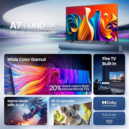 Hisense 43" Class A7 Series (43A7NF, 2025 Model) 4K UHD Smart Fire TV, Voice Remote with Alexa, Wide Color Gamut, HDR10+, Dolby Vision, Dolby Atmos, Game Mode, ALLM, Stream Live TV without Cable