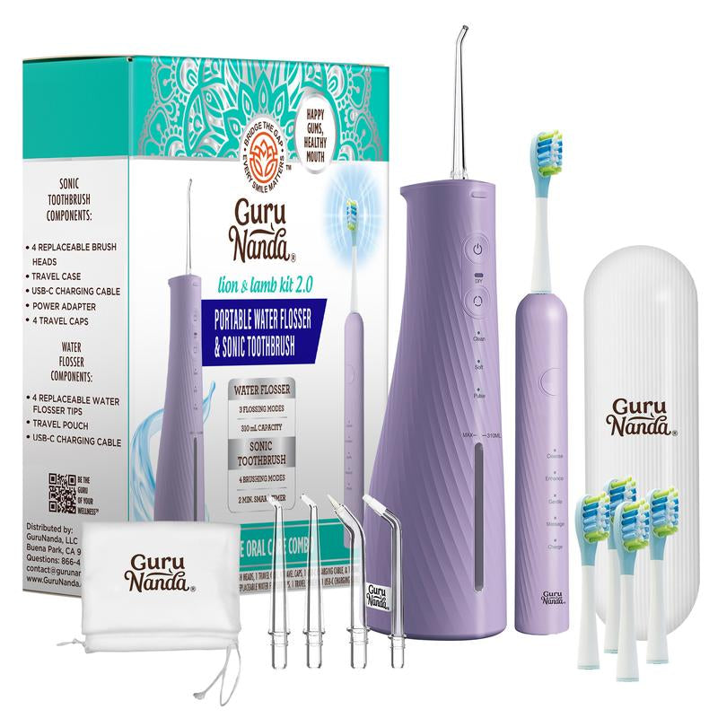 Gurunanda Lion & Lamb Kit 2.0, Electric Toothbrush with Water Flosser Combo, 4 Jet Tips, 4 Brush Heads & IPX7 Waterproof Design for Complete Oral Care