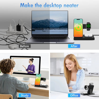 Ultimate Wireless Charging Station - Magnetic Charger for iPhone 17-11, Apple Watch Series 9-3, and AirPods Pro/2/3 - Sleek Black Design, No Adapter Needed!