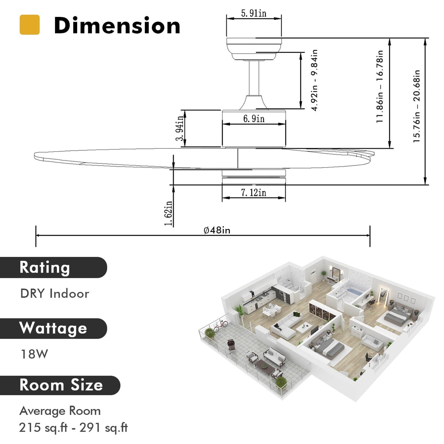 48 Inch Wood Ceiling Fan with LED Lights and 6 Speed Levels