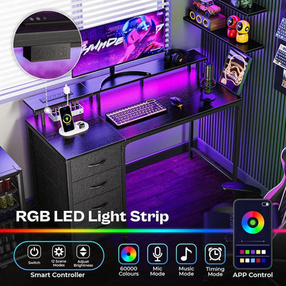 Computer Desk with Power Outlets and LED Lights, Gaming Desk with 4 Drawers, Office Desk with Monitor Stand, Study Work Home Office, Small Spaces, Black
