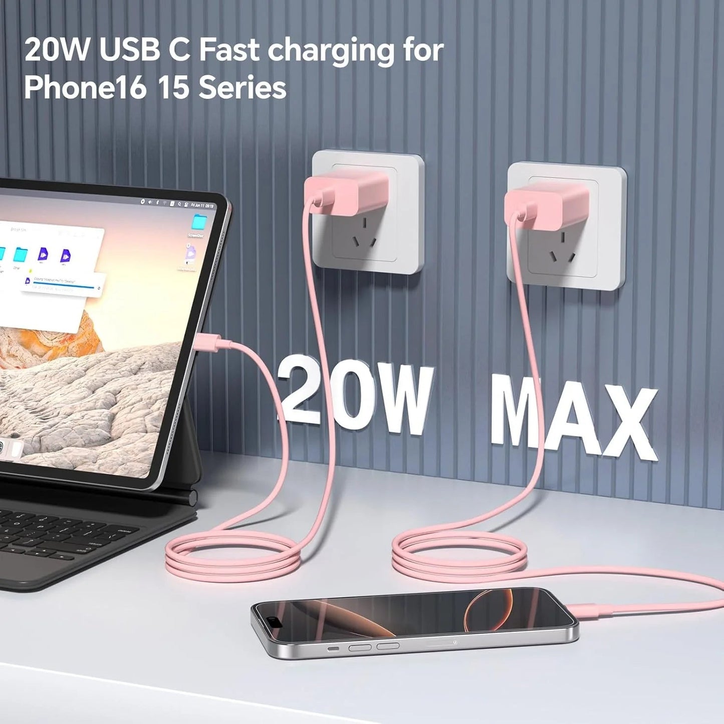 2 Pack Pink USB C Charger Blocks with 6FT Cords for iPhone 17/16/15 - Compatible with iPhone Air, Pro & Max Models