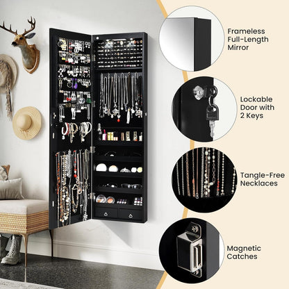 Wall Door Mounted Jewelry Armoire Cabinet with 47.5" H Full Length Mirror, 2 Leds Lockable Jewelry Organizer Box with Bracelet Rod, 2 Drawers, Large Storage Capacity (Black)