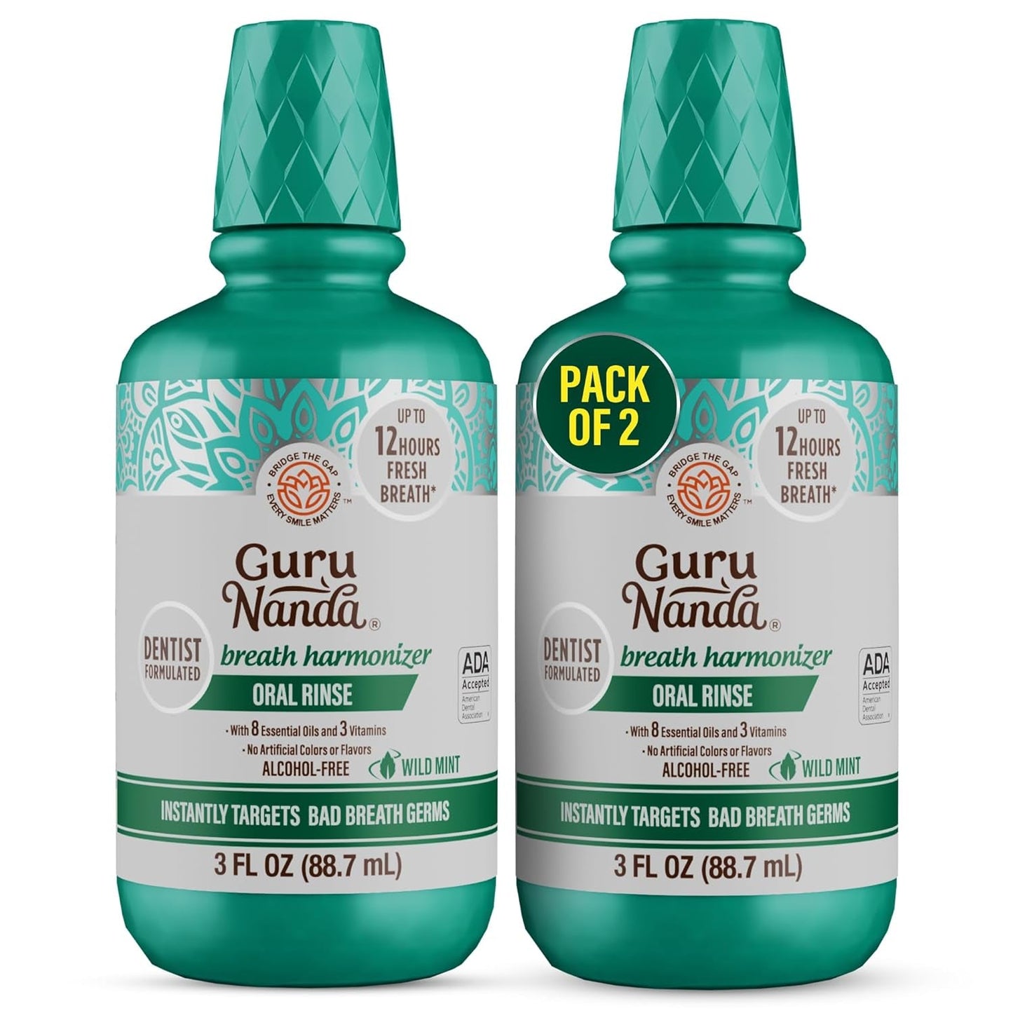 Gurunanda Fresh Breath Mouthwash, Ada-Accepted, Alcohol & Fluoride-Free, Sodium Chlorite, Essential Oils & Vitamins, 12-Hrs Fresh Breath, Wild Mint, 33.8 Oz