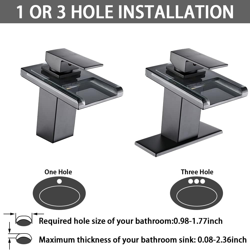 AVSIILE LED Bathroom Sink Faucet, Matte Black Waterfall Single Hole Handle Vanity Faucets for Sinks 1 Hole with Metal Pop up Drain and 2 Water Supply Lines, Open Glass Spout
