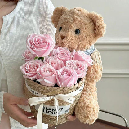 Valentine’S Day Teddy Bear with Eternal Rose Bouquet, Preserved Flower Plush Bear, Romantic Birthday Gift for Her Gift Sets