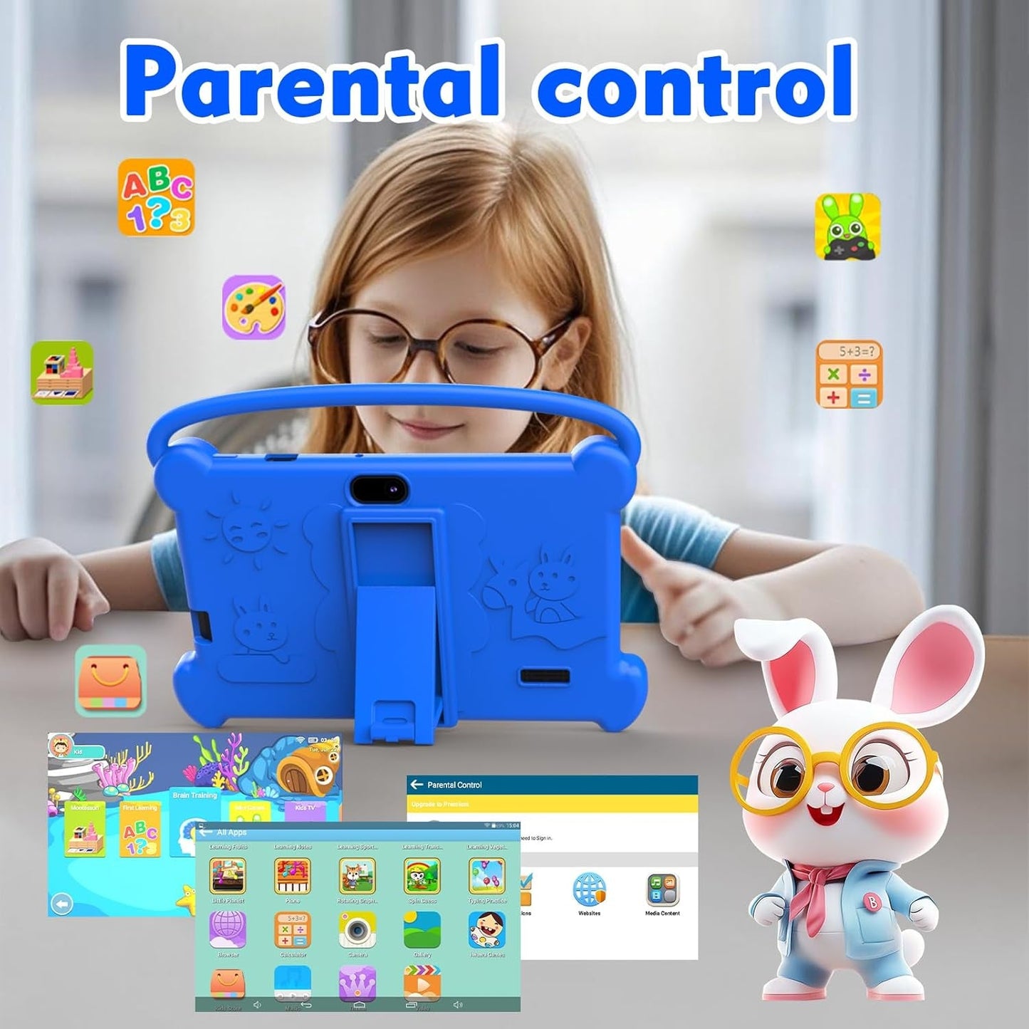 Kids Tablet 7 Inch for Kids 3-9, 32GB ROM, 4GB RAM, Android 12, Toddler Tablet with Shockproof Case, Parent Controls, Dual Camera, Wifi, FM, GPS, Blue